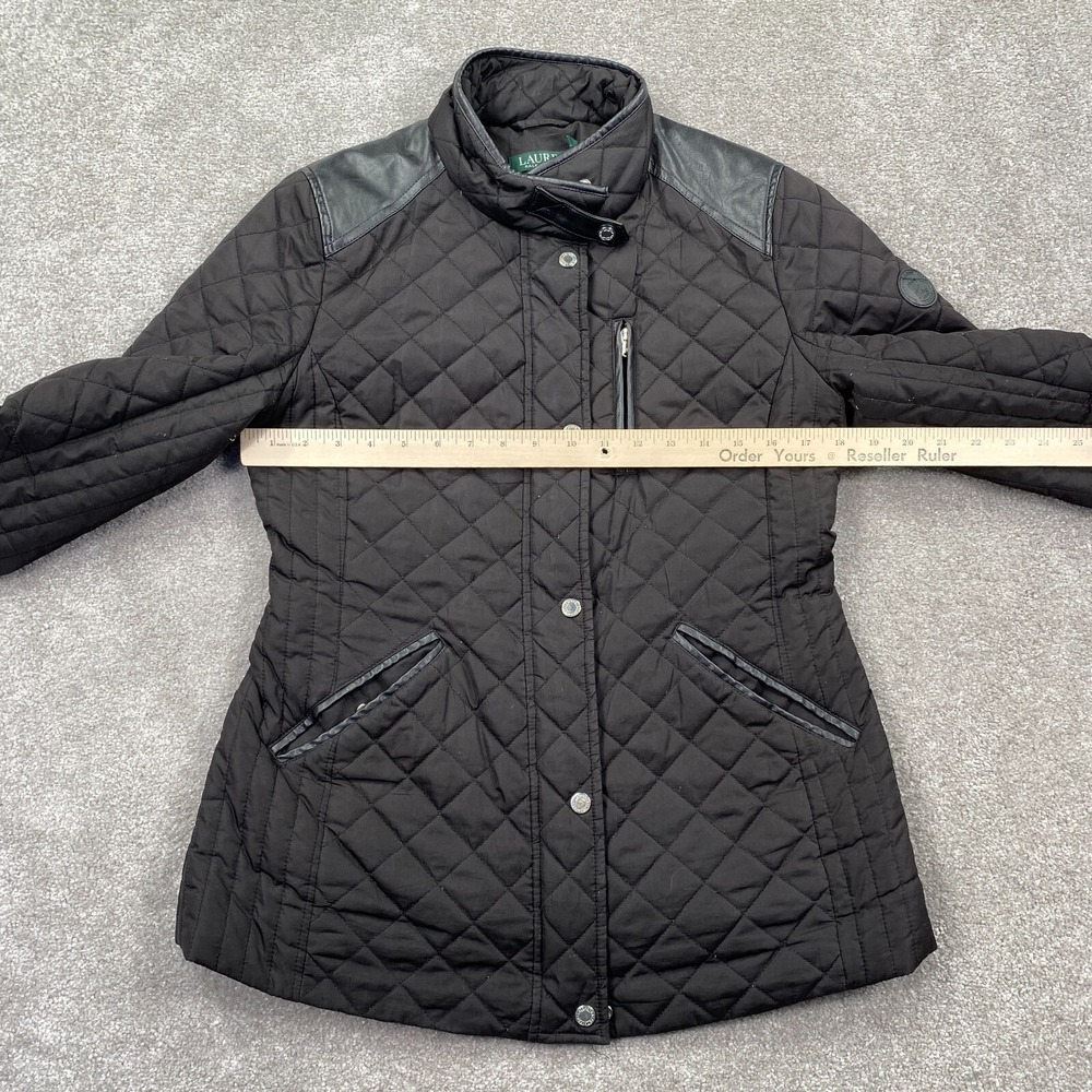 Lauren Ralph Lauren Quilted Jacket Women Size S Black Faux Leather Trim Snap - Picture 7 of 14